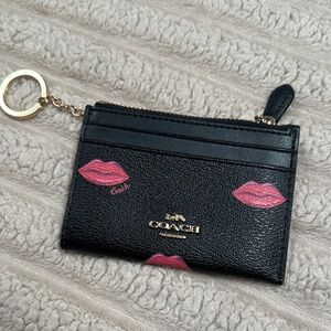 Coach Mini Skinny Black ID Card Case with Pink Lip Accents